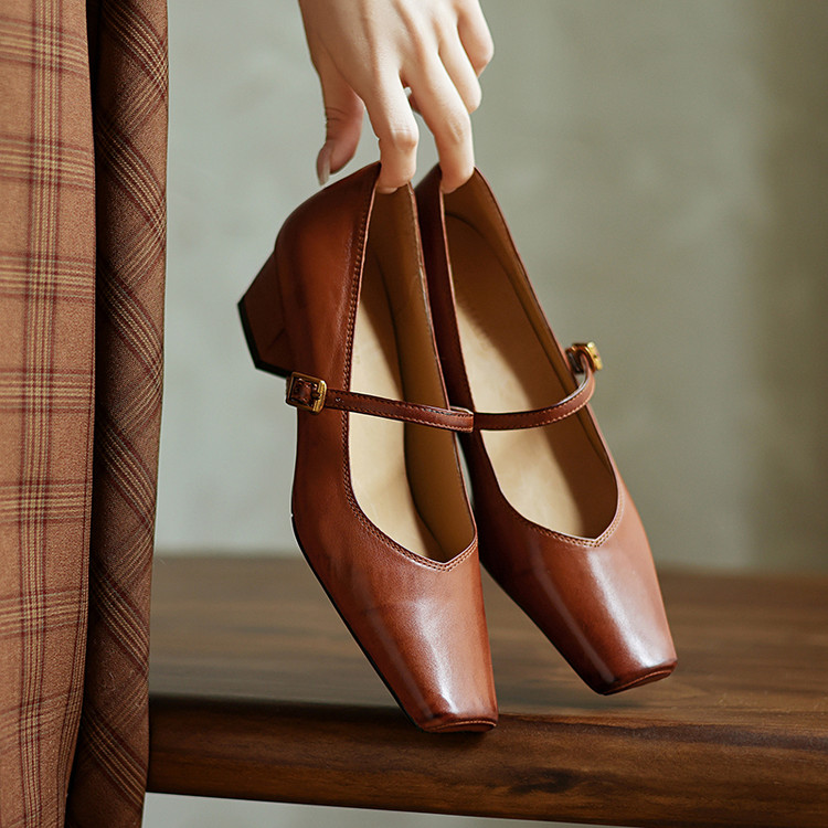 Korean Style Women's Square Toe Mid Heel Pumps with Buckle Strap