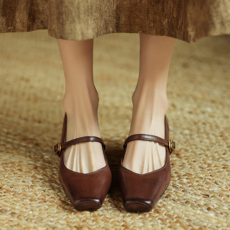 Korean Style Women's Square Toe Mid Heel Pumps with Buckle Strap - Image 3