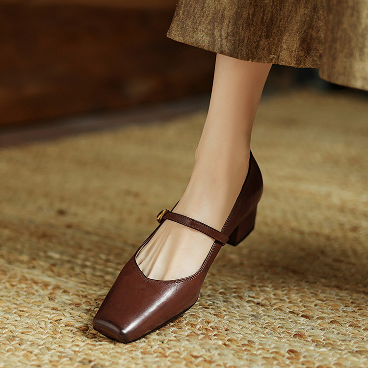 Korean Style Women's Square Toe Mid Heel Pumps with Buckle Strap - Image 4