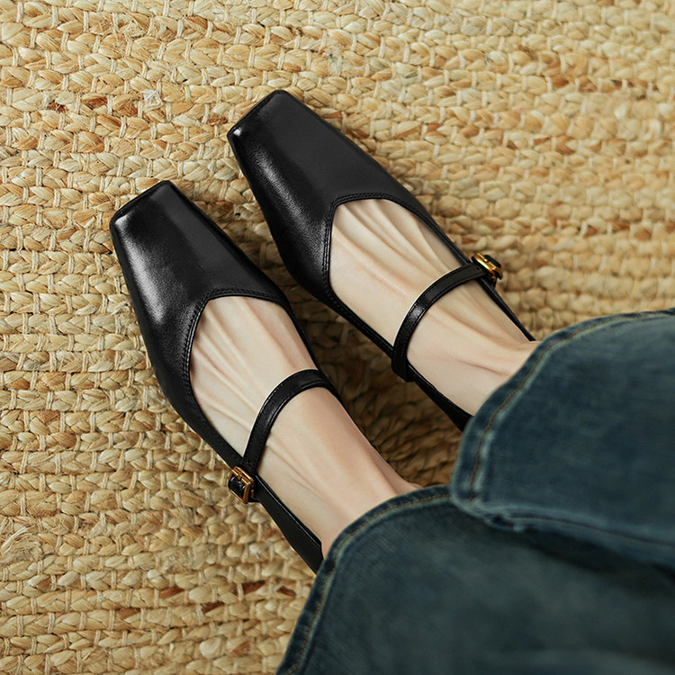 Korean Style Women's Square Toe Mid Heel Pumps with Buckle Strap - Image 5