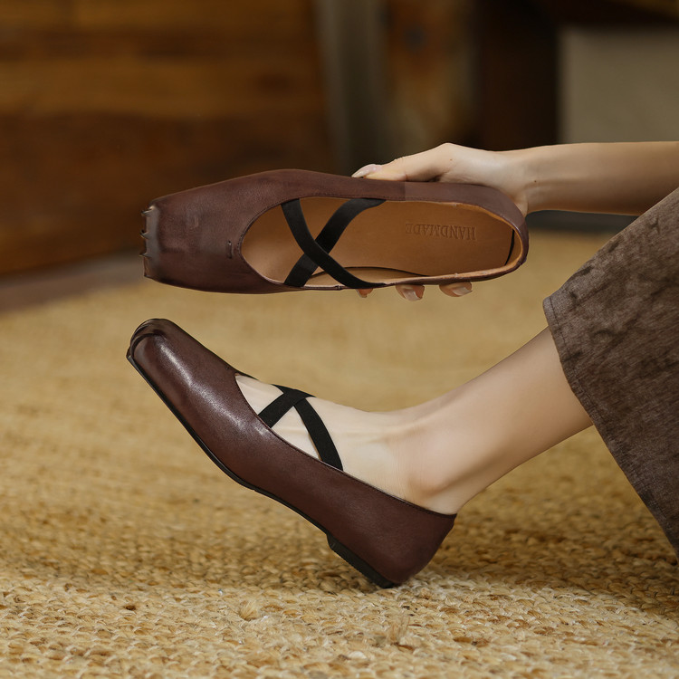 Minimalist Square Toe Flat Shoes in Horse Leather - Image 2