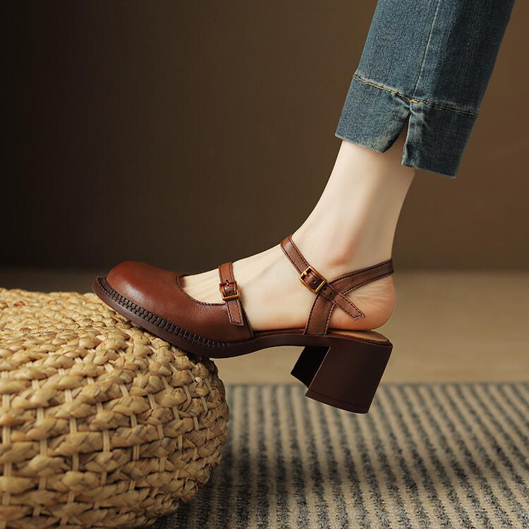Women's Closed Toe High Heel Sandals - Leather, Chunky Heel, Summer 2024