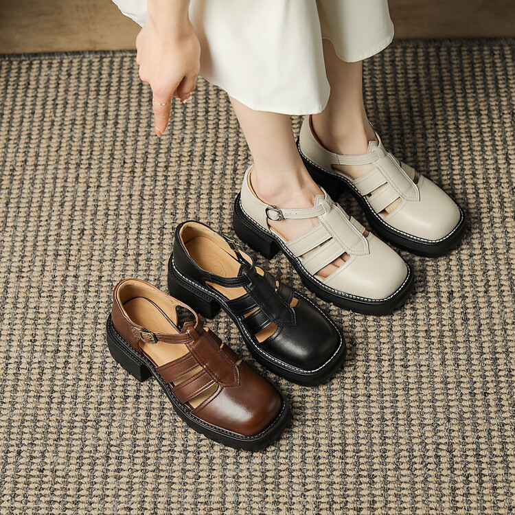 Women's Closed Toe Sandals Leather Block Mid Heel Summer 2024 - Image 4