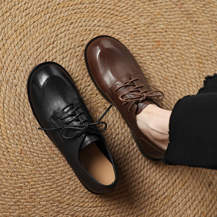 Women's Deep Mouth Flat Shoes Korean Style Lace-Up Round Toe Low Heel