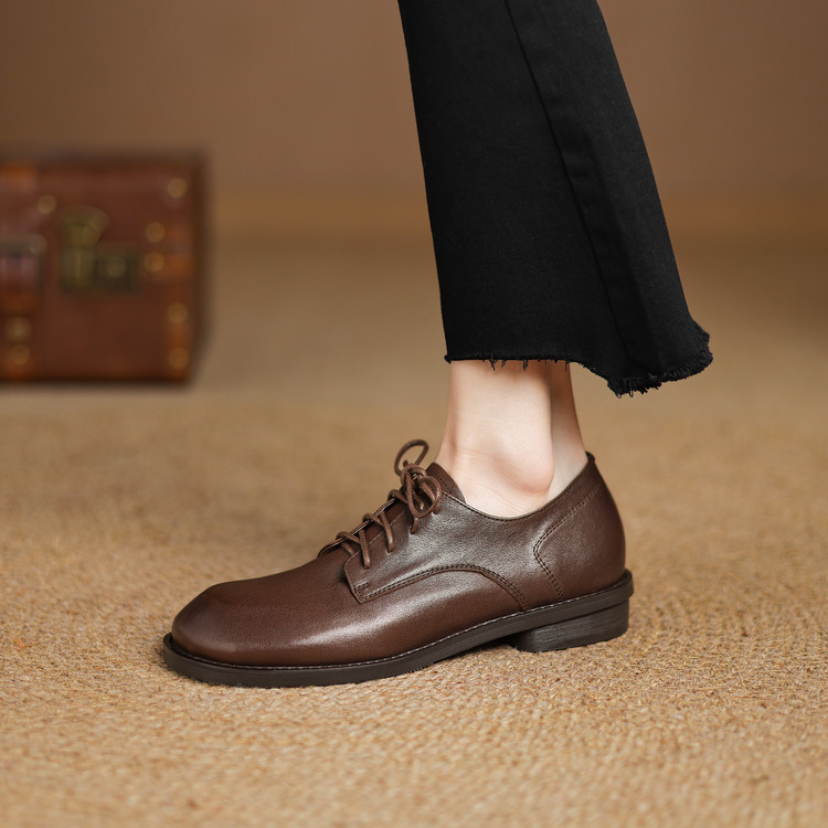 Women's Deep Mouth Flat Shoes Korean Style Lace-Up Round Toe Low Heel - Image 2