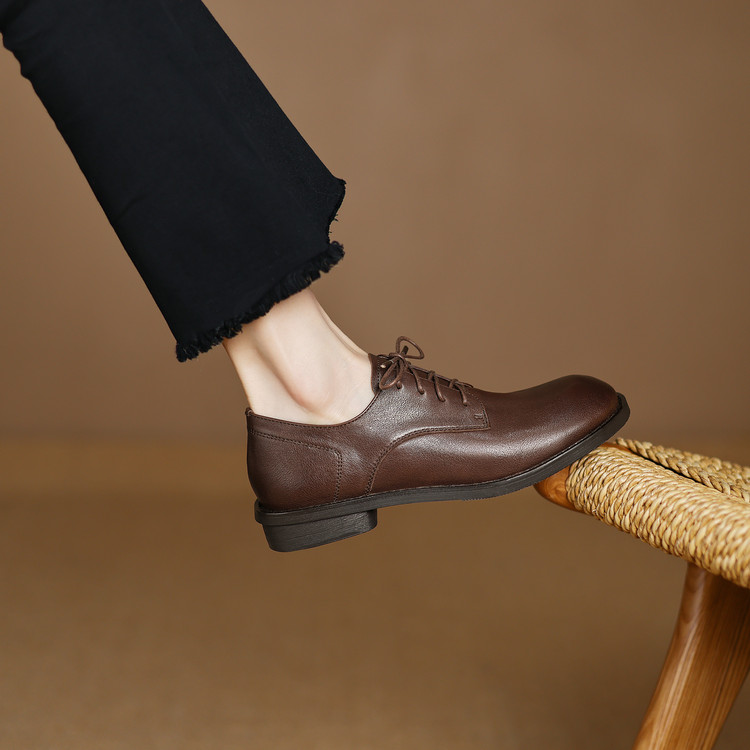 Women's Deep Mouth Flat Shoes Korean Style Lace-Up Round Toe Low Heel - Image 3