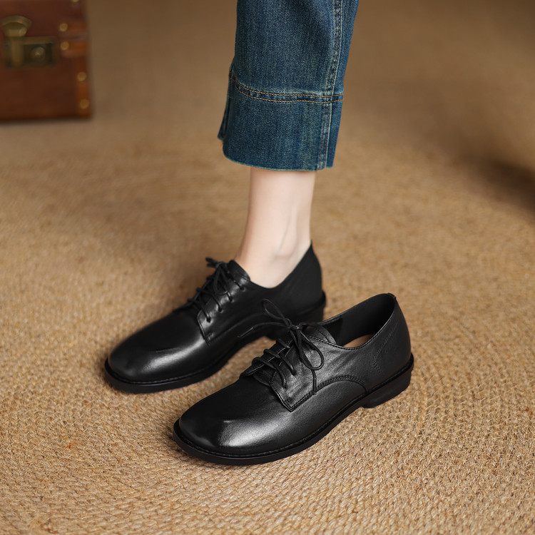 Women's Deep Mouth Flat Shoes Korean Style Lace-Up Round Toe Low Heel - Image 4