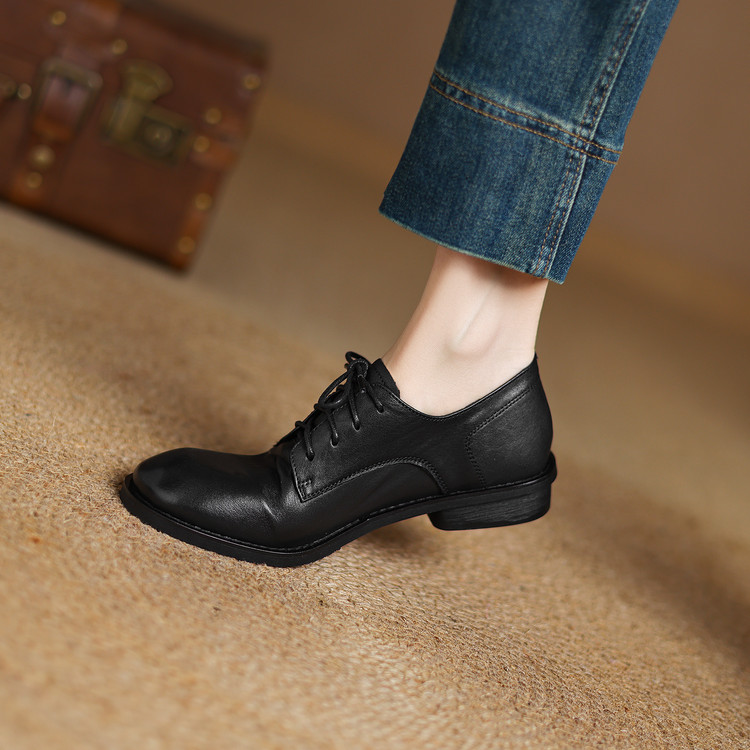 Women's Deep Mouth Flat Shoes Korean Style Lace-Up Round Toe Low Heel - Image 5