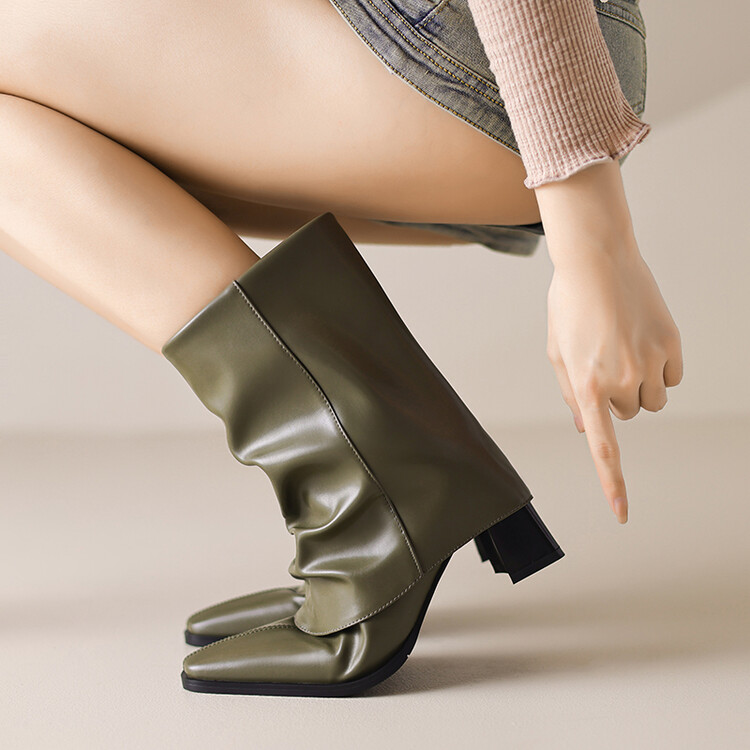Women's Retro Brown Black Leather Ankle Boots Mid Chunky Heel Pointed Toe