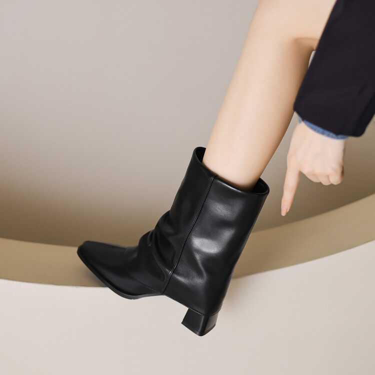 Women's Retro Brown Black Leather Ankle Boots Mid Chunky Heel Pointed Toe - Image 2