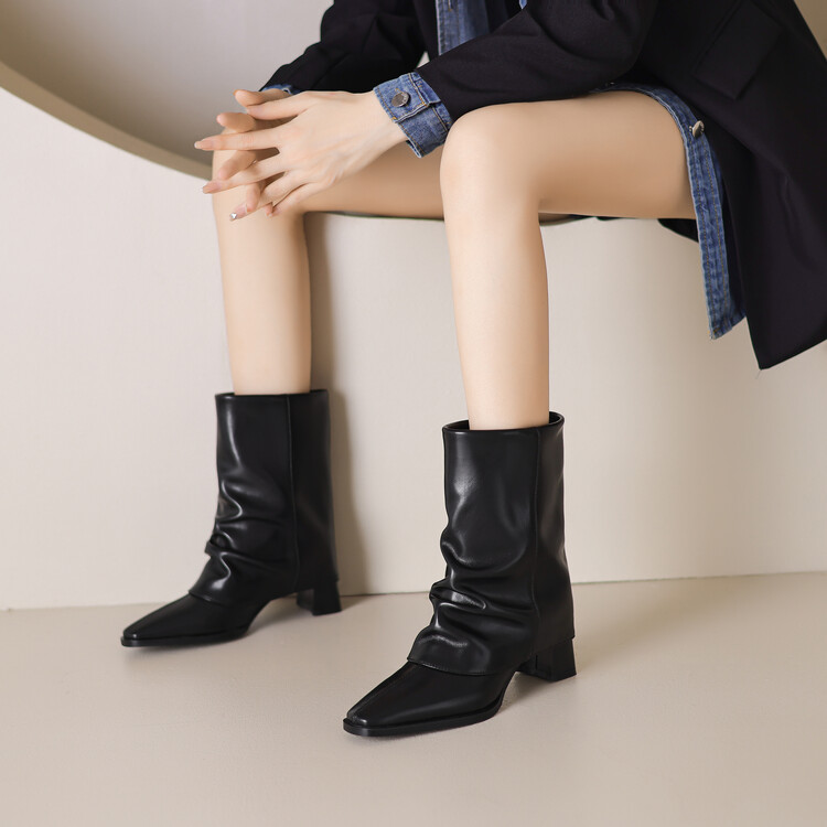 Women's Retro Brown Black Leather Ankle Boots Mid Chunky Heel Pointed Toe - Image 3