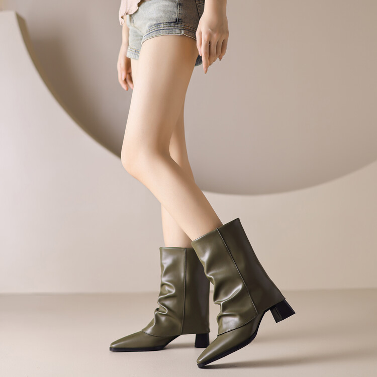 Women's Retro Brown Black Leather Ankle Boots Mid Chunky Heel Pointed Toe - Image 5