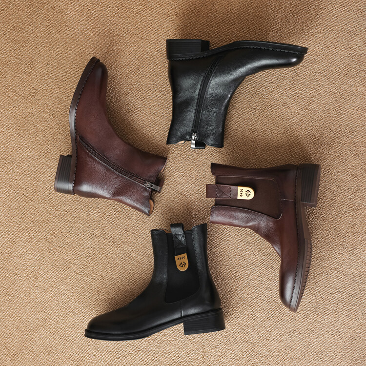 Women's Retro Brown Black Leather Ankle Boots with Chunky Mid Heel and Side Zipper