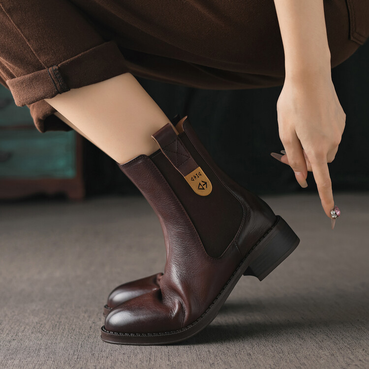 Women's Retro Brown Black Leather Ankle Boots with Chunky Mid Heel and Side Zipper - Image 2