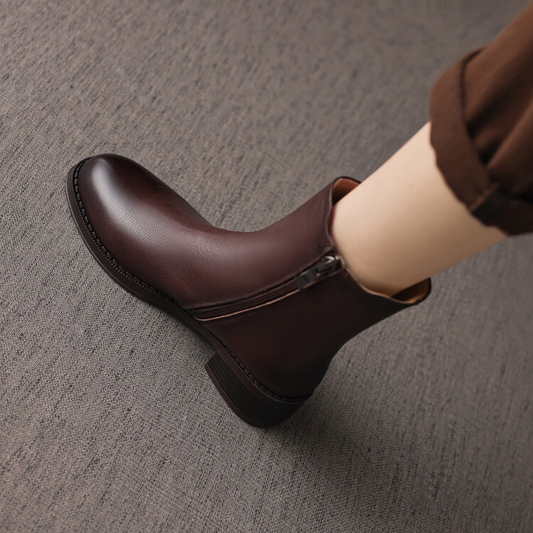 Women's Retro Brown Black Leather Ankle Boots with Chunky Mid Heel and Side Zipper - Image 3