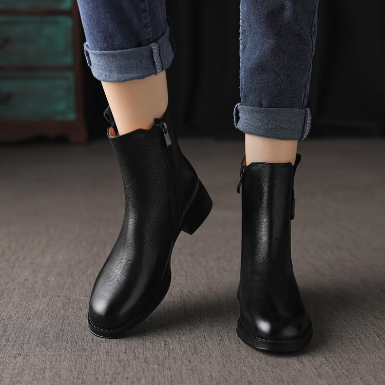 Women's Retro Brown Black Leather Ankle Boots with Chunky Mid Heel and Side Zipper - Image 4