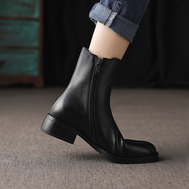 Women's Retro Brown Black Leather Ankle Boots with Chunky Mid Heel and Side Zipper - Image 5