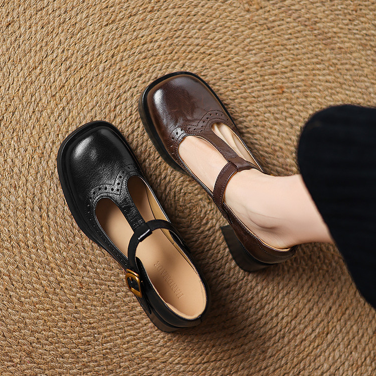 Women's Sheepskin High Heel Chunky T-Bar Round Toe Casual Shoes