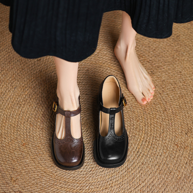 Women's Sheepskin High Heel Chunky T-Bar Round Toe Casual Shoes - Image 2