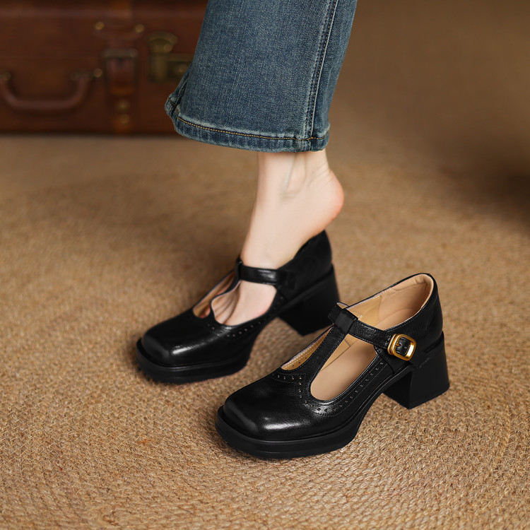 Women's Sheepskin High Heel Chunky T-Bar Round Toe Casual Shoes - Image 3