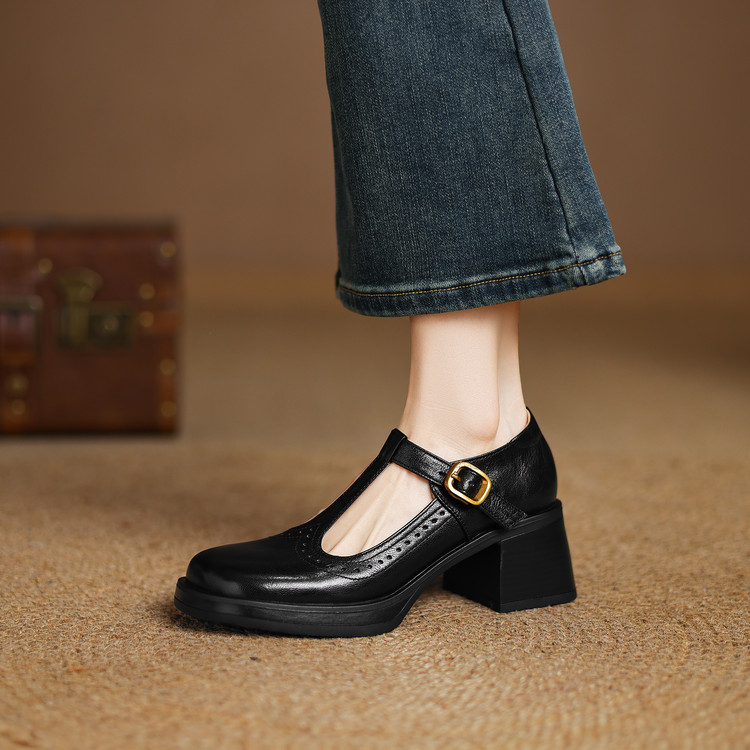 Women's Sheepskin High Heel Chunky T-Bar Round Toe Casual Shoes - Image 4