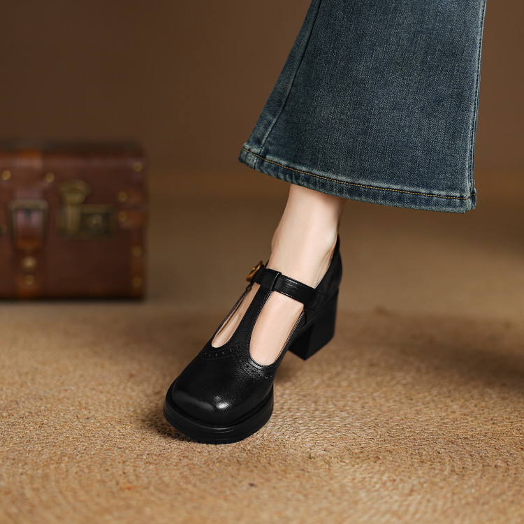 Women's Sheepskin High Heel Chunky T-Bar Round Toe Casual Shoes - Image 5
