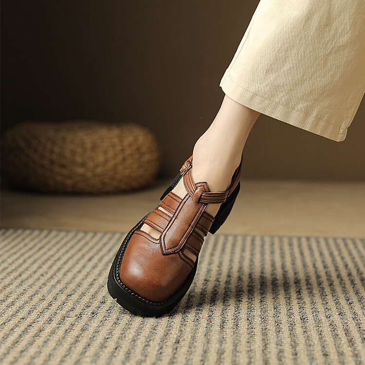 Women's Square Toe T-Strap Sandals Low Top Mid Heel Solid Color - Image 3